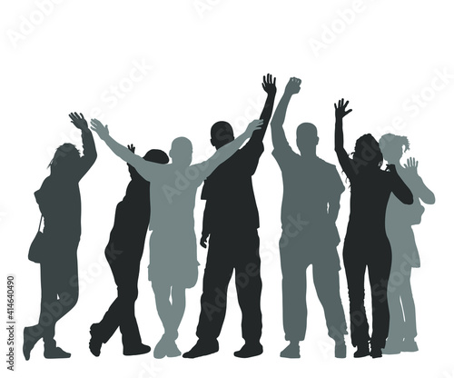 Embracing student friends waving hands vector silhouette isolated on white. Happy boys and girls tourists hand wave saying hi. Send off sign people. Young couples in love enjoy in summer travel.