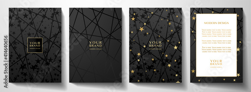 Modern black cover, frame design set. Luxury holiday creative line pattern and golden stars . Vector luxe background for notebook cover, business background, brochure template