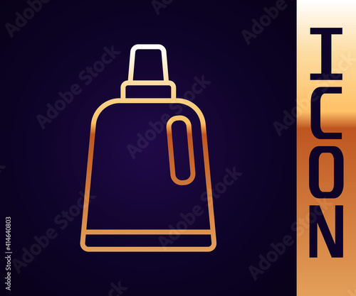 Gold line Plastic bottle for laundry detergent, bleach, dishwashing liquid or another cleaning agent icon isolated on black background. Vector.