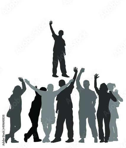 Embracing student friends waving hands vector silhouette isolated on white. Happy boys and girls tourists hand wave saying hi to host. Send off people. Young couples in love enjoy in summer travel.