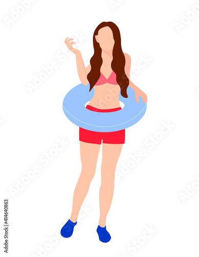 isolated flat character in swimsuit with lifebuoy