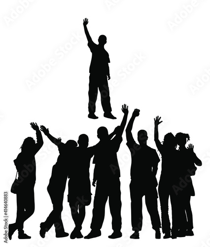 Embracing student friends waving hands vector silhouette isolated on white. Happy boys and girls tourists hand wave saying hi to host. Send off people. Young couples in love enjoy in summer travel.