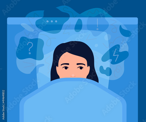 Sleepless, woman suffers from insomnia night. Young girl with open eyes lying on bedand and bad think. Sad female awake, tired, depression, anxiety. Vector illustration