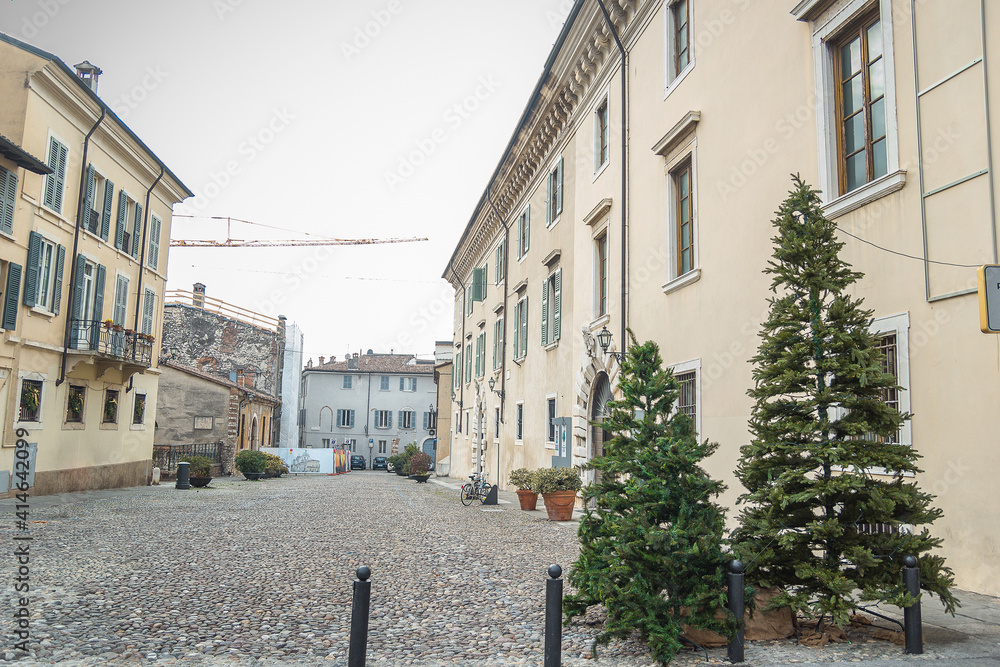 Palazzo Martinengo Cesaresco Novarino with two christmas trees and plants and bushes in pots in Piazza del Foro square in historical city centre of Brescia, Lombardy, Italy in the winter morning.