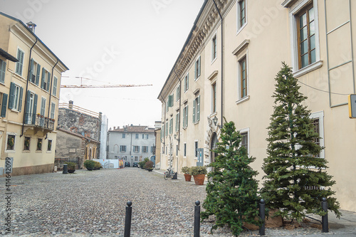 Palazzo Martinengo Cesaresco Novarino with two christmas trees and plants and bushes in pots in Piazza del Foro square in historical city centre of Brescia, Lombardy, Italy in the winter morning. photo