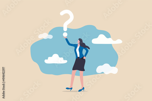 Business question, doubt, problem solving or ideas and creativity to answer and survive uncertainty concept, smart confidence businesswoman holding big question mark and think about solutions.