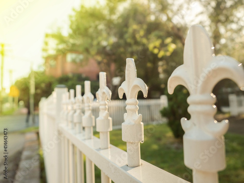 Metal vintage fence, close up. Concept of Interior design in retro style. photo