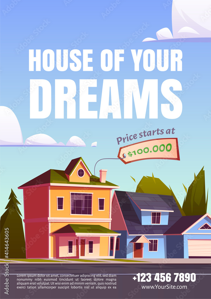 House of your dream promo poster for selling suburban real estate. Street with residential cottages, countryside two storey home buildings with garages and price tag, Cartoon vector illustration