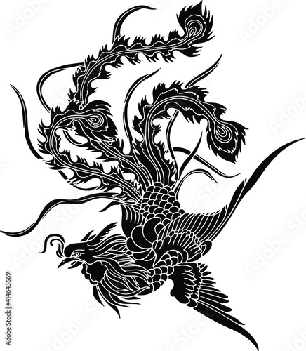 Flying phoenix fire bird isolated black flat vector illustration, fantasy mythical creature