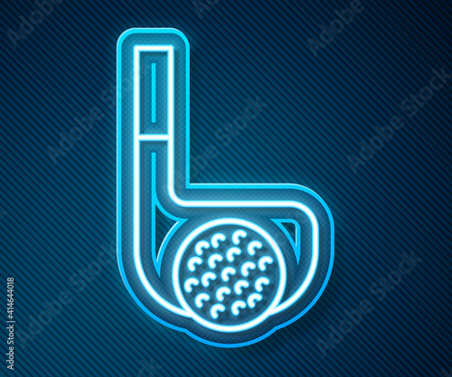 Glowing neon line Golf club with ball icon isolated on blue background. Vector.