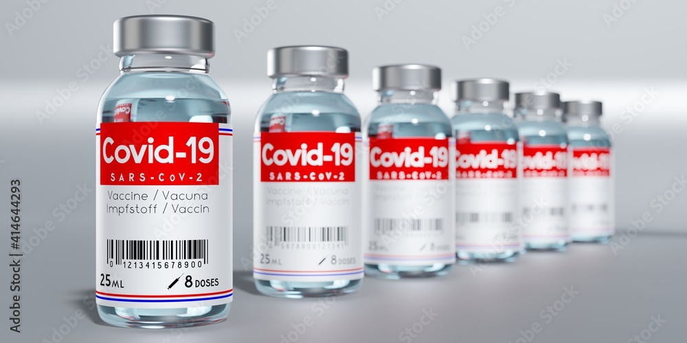 Many covid-19 / SARS-CoV-2 / coronavirus vaccine ampoules, selective focus - 3D illustration Many covid-19 / SARS-CoV-2 / coronavirus vaccine ampoules, selective focus - 3D illustration