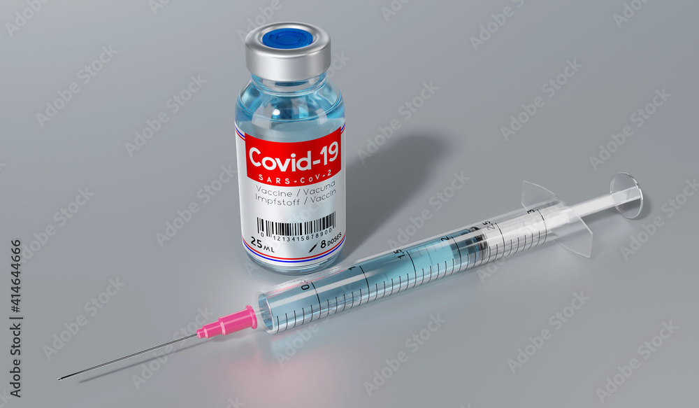 Covid-19 / SARS-CoV-2 / coronavirus vaccine ampoule and syringe - 3D illustration Covid-19 / SARS-CoV-2 / coronavirus vaccine ampoule and syringe - 3D illustration