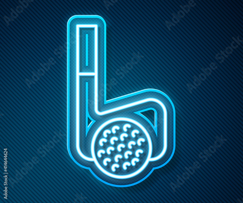 Glowing neon line Golf club with ball icon isolated on blue background. Vector.