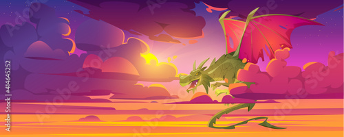 Dragon in cloudy sky, fantastic character, magic creature flying in dusk heaven with beautiful purple clouds, Fairytale animal, fantasy book or computer game personage, Cartoon vector illustration