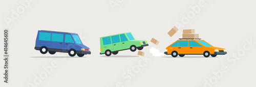 Accident on the road. Three cars in a dangerous situation. Vector illustration in cartoon style.