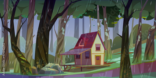 Wooden stilt house at summer forest in rainy weather. Old shack with terrace on piles in deep wood with falling rain shower and green trees around. Uninhabited forester hut Cartoon vector illustration