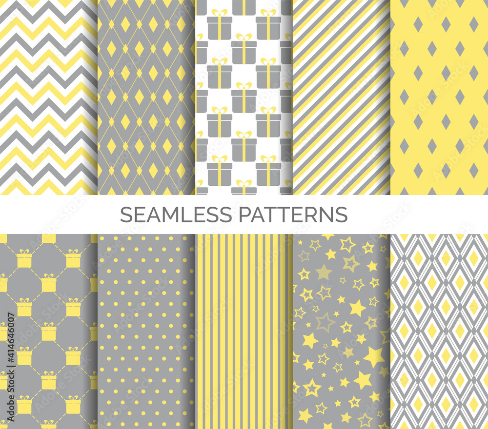 Set of minimal seamless patterns in yellow and gray colors of the 2021 year. Abstract geometric vector backgrounds