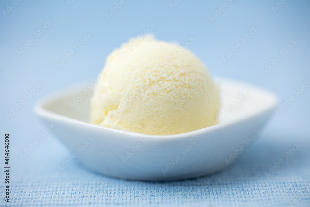 Simple scoop of homemade vanilla ice cream in bowls Simple scoop of homemade vanilla ice cream in bowls