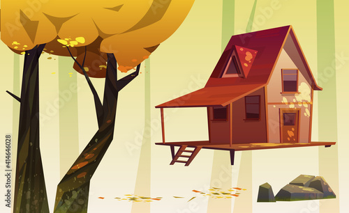 Autumn landscape elements, wood house, trees with yellow foliage, stone and fallen leaves isolated on background. Vector cartoon set of forester shack at sunny day, autumn forest or garden