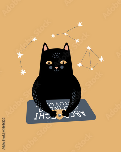 Vector magic illustration. Black cat with Ouija board and constellation. Spiritual session, occultism, fortune taller. Cartoon doodle magical poster, card, print