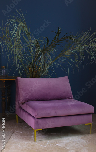 Modern minimalistic hugge interior in apartment with comfortable purple sofa (couch) or armchair against dark blue painted wall. Nobody in the contemporary room. Design color trends for interior. 