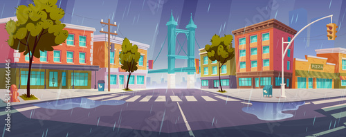 Rain on city street with houses, road with pedestrian crosswalk and traffic lights. Vector cartoon rainy cityscape, urban landscape with residential buildings, trees and overpass road