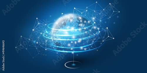 Abstract Blue Cloud Computing, Networks, Telecommunications Concept Design with Polygonal Mesh, Glowing Clusters of Nodes Around Earth - Vector Illustration