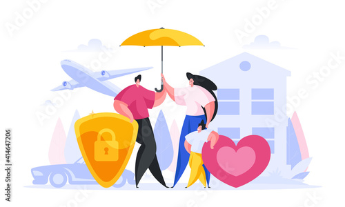 Reliable insurance for people cartoon vector concept. Contented family characters with child is under strong umbrella insurance.