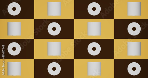 Render of a flat background with toilet paper from a brown and yellow tiles