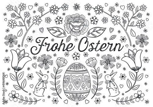 Coloring page for children and adults. Happy Easter in German language. Greeting card, printable. Graphic design, coloring anti-stress.