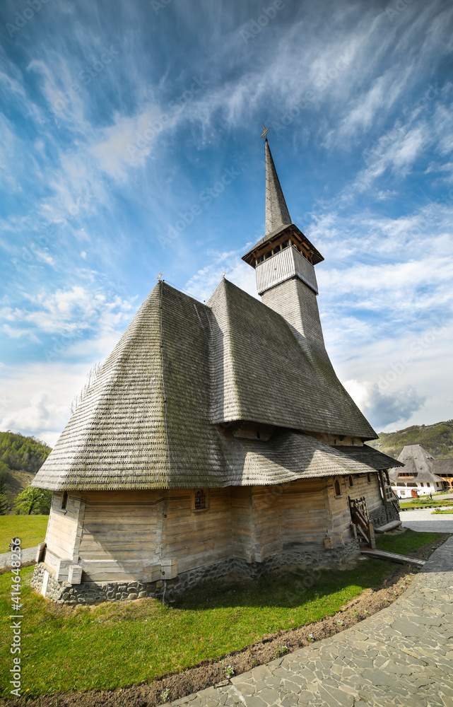 Old wooden church at Barsana Monastery in Maramures county, Romania
