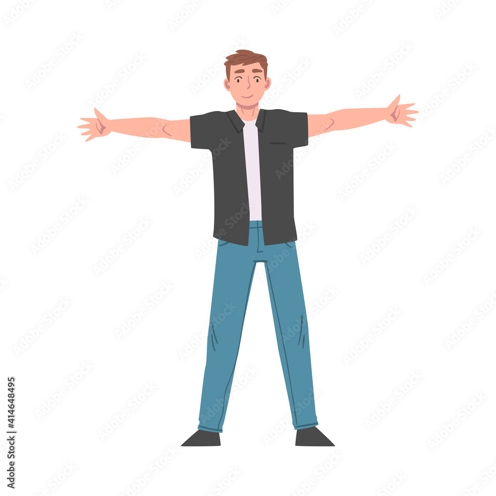 Cheerful Young Man Standing with his Arms Outstretched, Welcome, Solidarity, Friendship and Charity Concept Cartoon Style Vector Illustration Cheerful Young Man Standing with his Arms Outstretched, Welcome, Solidarity, Friendship and Charity Concept Cartoon Style Vector Illustration