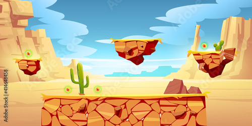 Game platform cartoon desert landscape, 2d ui design for computer or mobile. Canyon with green cacti, rocks or mountains, background with arcade elements for jumping, bonus items or nature locations