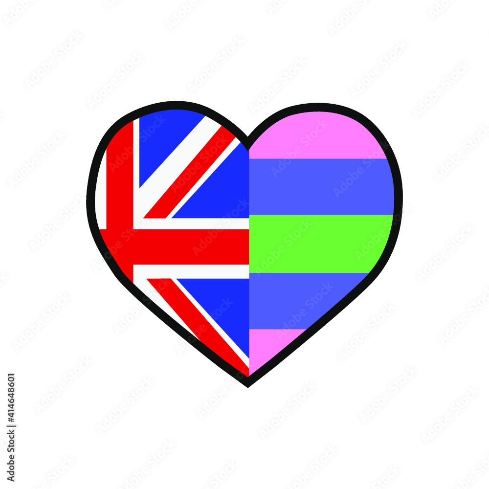Vector illustration of the heart filled with the United Kingdom flag and the Trigender pride flag on white background. Vector illustration of the heart filled with the United Kingdom flag and the Trigender pride flag on white background.