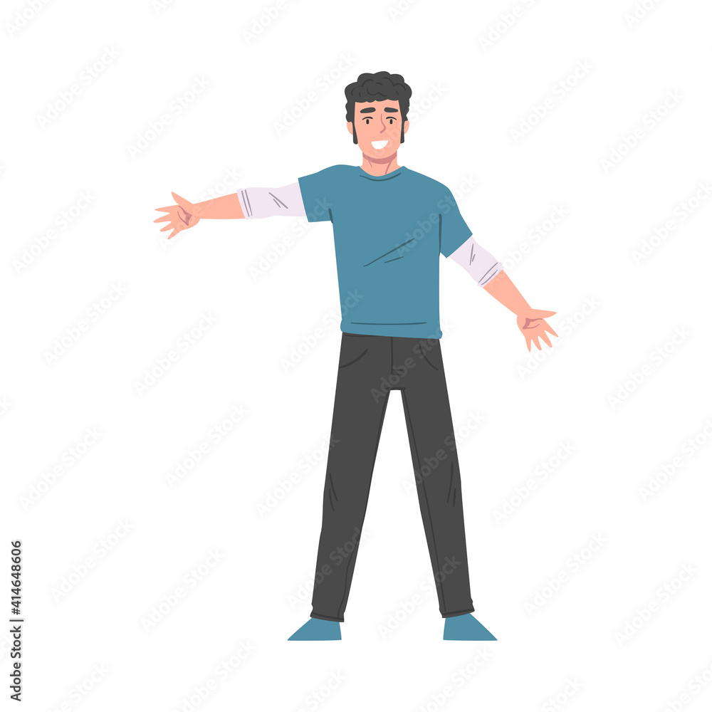 Cheerful Young Man Standing with Wide Open Hands, Welcome, Solidarity, Friendship and Charity Concept Cartoon Style Vector Illustration