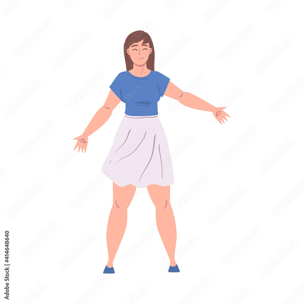Young Woman Standing with Wide Open Hands, Welcome, Solidarity, Friendship and Charity Concept Cartoon Style Vector Illustration Young Woman Standing with Wide Open Hands, Welcome, Solidarity, Friendship and Charity Concept Cartoon Style Vector Illustration