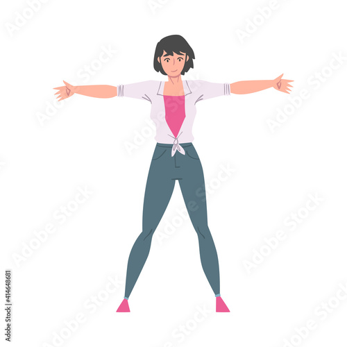 Young Woman in Casual Clothes Standing with her Arms Outstretched, Welcome, Solidarity, Friendship and Charity Concept Cartoon Style Vector Illustration