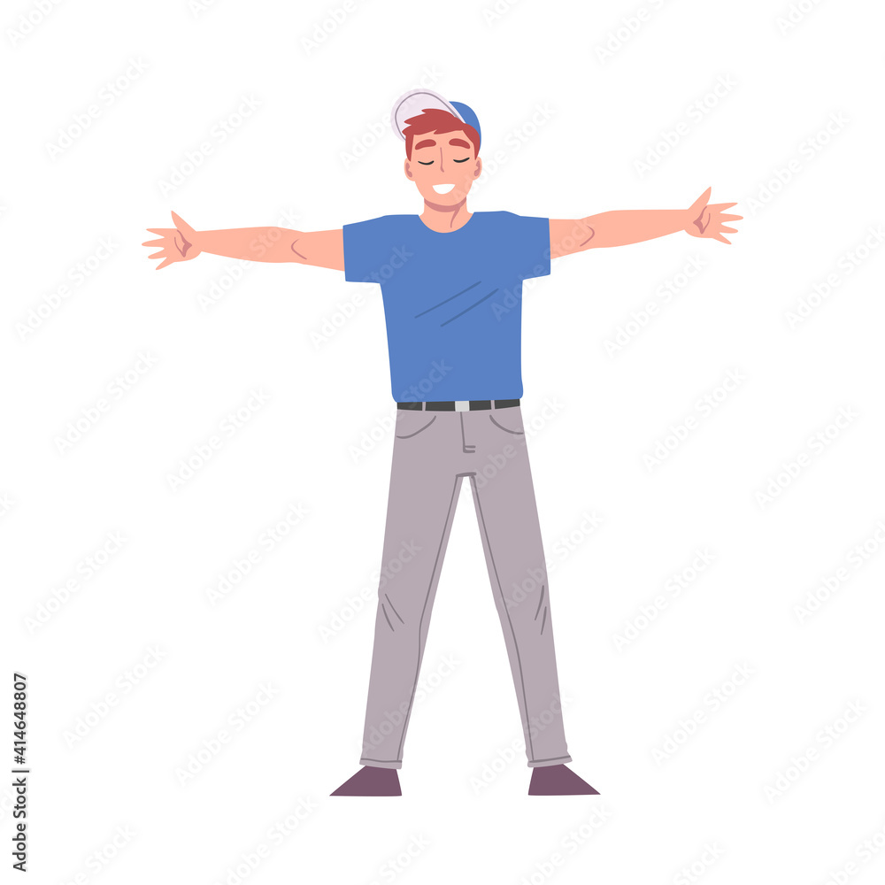 Happy Man Standing with his Arms Outstretched, Welcome, Solidarity, Friendship and Charity Concept Cartoon Style Vector Illustration