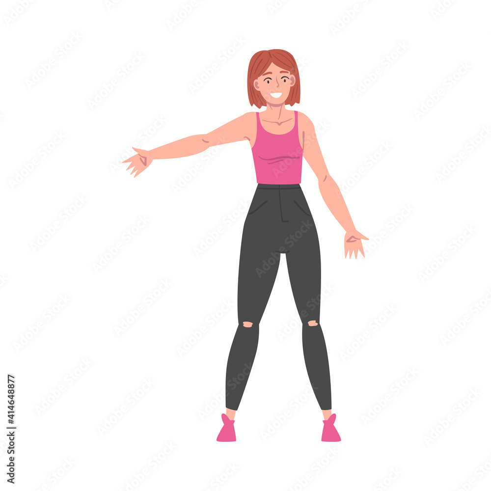 Cheerful Girl Standing with Wide Open Hands, Welcome, Solidarity, Friendship and Charity Concept Cartoon Style Vector Illustration Cheerful Girl Standing with Wide Open Hands, Welcome, Solidarity, Friendship and Charity Concept Cartoon Style Vector Illustration