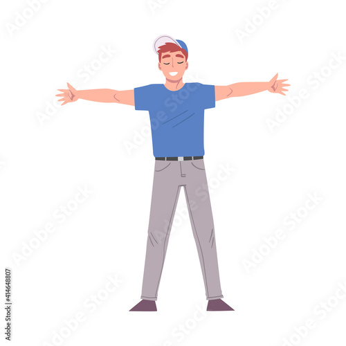 Happy Man Standing with his Arms Outstretched, Welcome, Solidarity, Friendship and Charity Concept Cartoon Style Vector Illustration