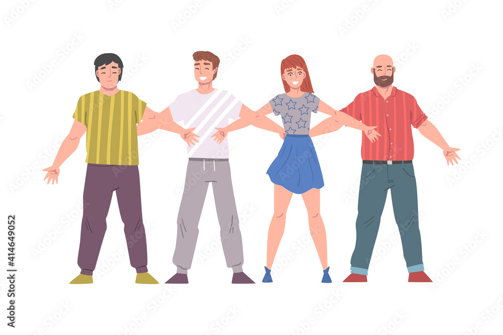 Fototapeta premium Young People Standing Together Hugging Each Other, Friendship, Solidarity, Cooperation Concept Cartoon Style Vector Illustration