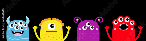 Happy Halloween. Monster icon line set. Cute kawaii cartoon baby character. Funny face head colorful silhouette. Hands up. Eyes teeth fang horn tongue. Flat design. Black background.