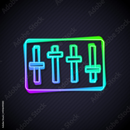 Glowing neon line Sound mixer controller icon isolated on black background. Dj equipment slider buttons. Mixing console. Vector.