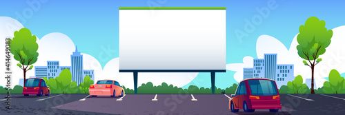 Car street cinema with blank screen. Drive-in theater with automobiles stand in open air parking with mark up at day time near wide outdoor white billboard for advertising, Cartoon vector illustration