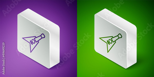 Isometric line Electric bass guitar icon isolated on purple and green background. Silver square button. Vector.