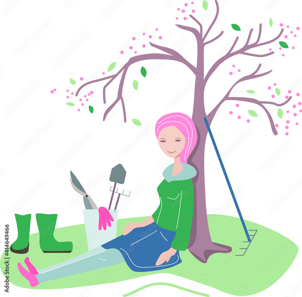 Fototapeta premium Young woman relaxing near big tree in spring. Ready for planting flowers and vegetables. Illustration can be used for gardening and farming