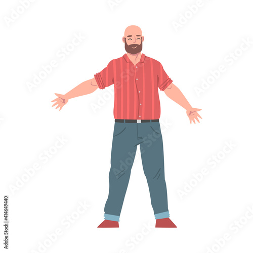 Bearded Man Standing with Wide Open Hands, Welcome Gesture, Solidarity, Friendship, Help and Support Concept Cartoon Style Vector Illustration
