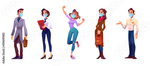 Cartoon people in face masks, young men and women characters isolated set on white background, businessman, waiter, administrator, cheerful teenage girl and serious woman in coat, Vector illustration