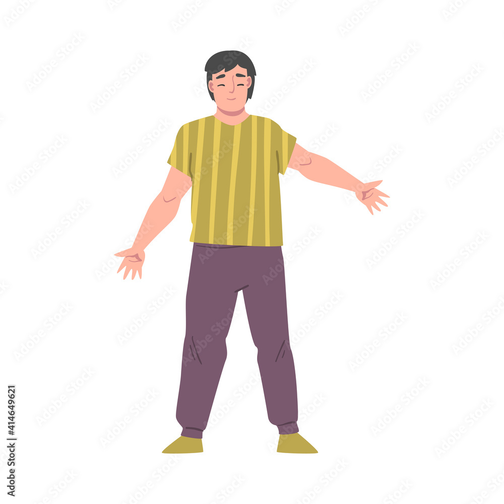 Young Man Dressed Casual Clothes Standing with Wide Open Hands, Welcome Gesture, Solidarity, Friendship, Help and Support Concept Cartoon Style Vector Illustration