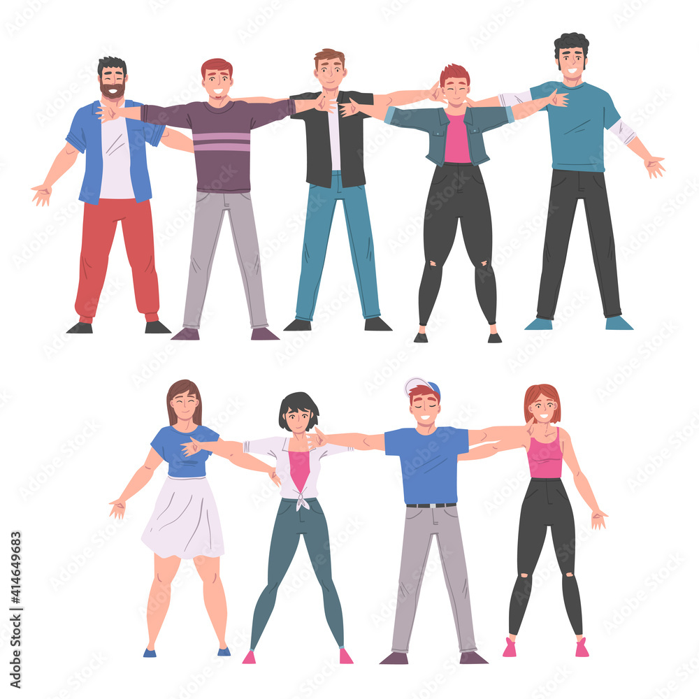 Obraz premium Happy People Standing Together Hugging Each Other, Friendship, Solidarity, Help and Support Cartoon Style Vector Illustration